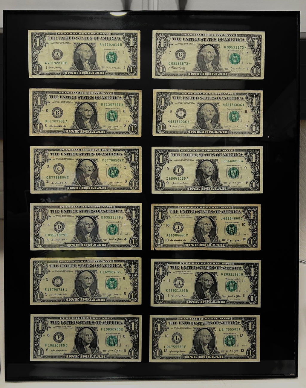 12 Dollars from all the Federal Reserve Banks across the United States of America: A,B,C,D,E,F,G,H,I,J,K,L 16x20 frame