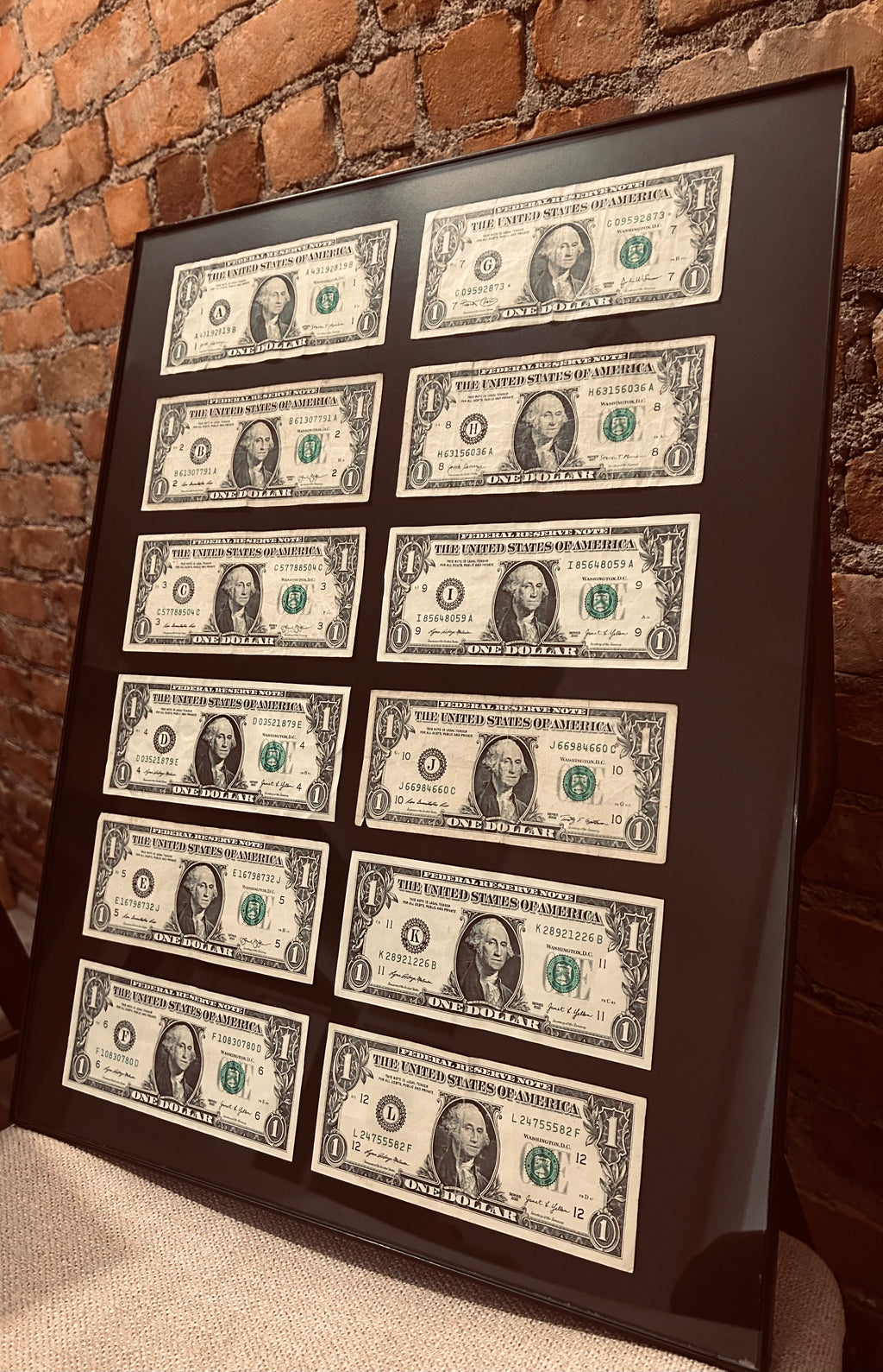 12 Dollars from all the Federal Reserve Banks across the United States of America: A,B,C,D,E,F,G,H,I,J,K,L 16x20 frame
