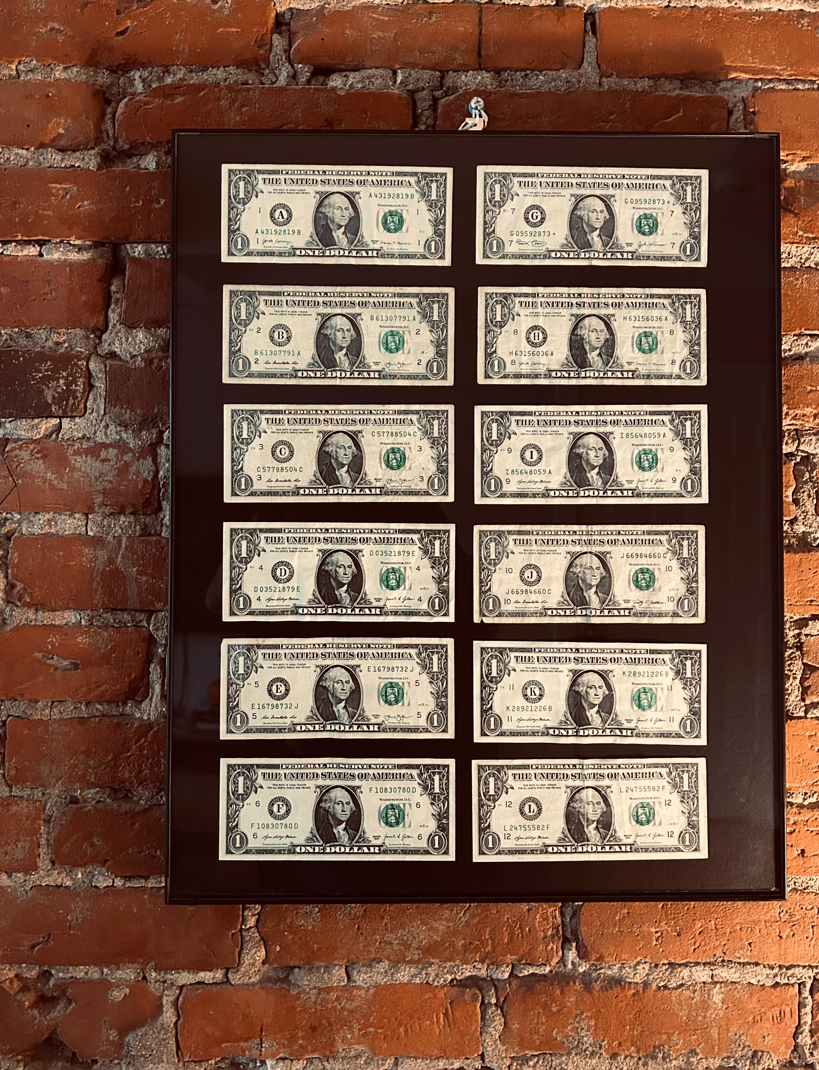12 Dollars from all the Federal Reserve Banks across the United States of America: A,B,C,D,E,F,G,H,I,J,K,L 16x20 frame